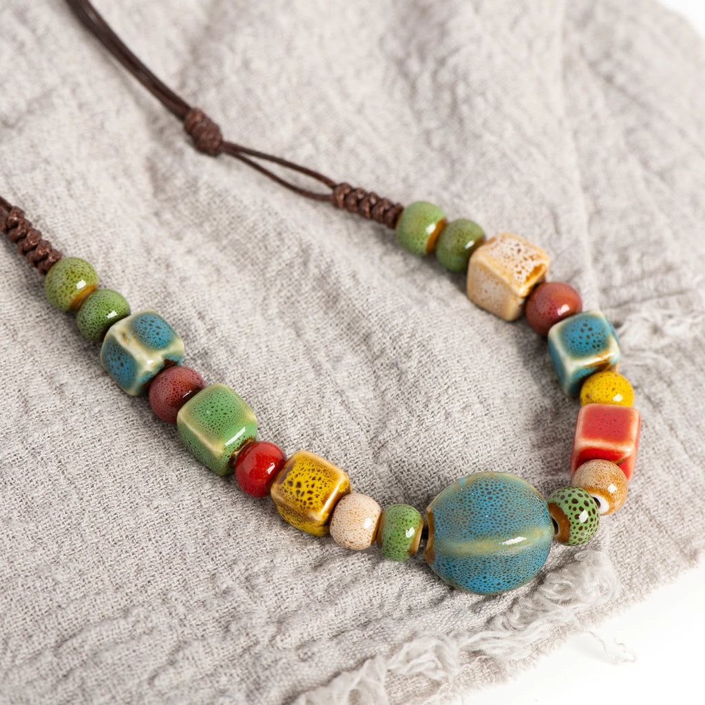 Boho Ceramic Beaded Long Pendant Necklace – Adjustable Handmade Ethnic Jewelry
