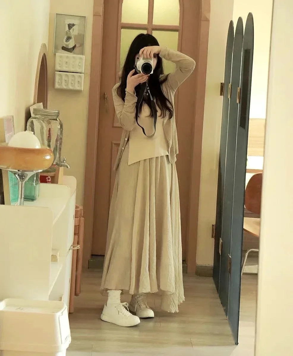 Boho Cotton Linen Maxi Skirt | Elastic Waist Pleated Floor-Length Skirt