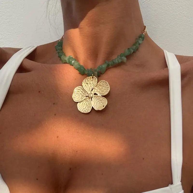 Boho Irregular Natural Stone & Metal Flower Clavicle Chain Necklace
