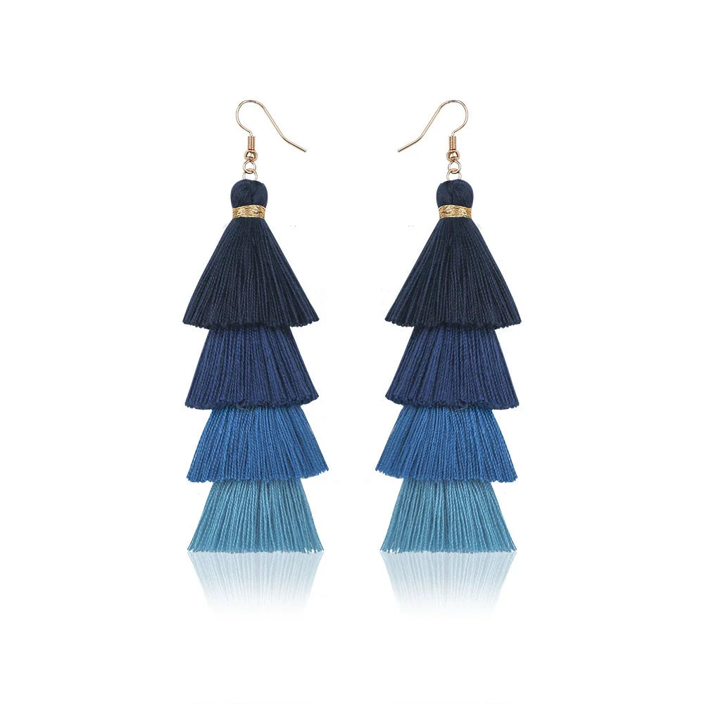 Boho 4-Layer Tassel Fringe Dangle Earrings – Ethnic Long Statement Drop Earrings