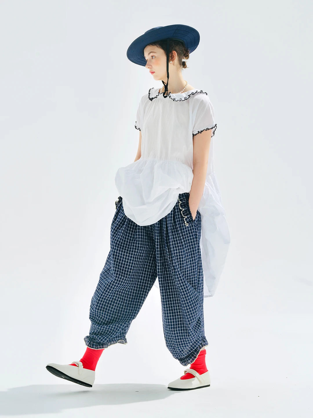 Women's Blue Plaid Wide Leg Pants – Casual Elastic Waist Trousers
