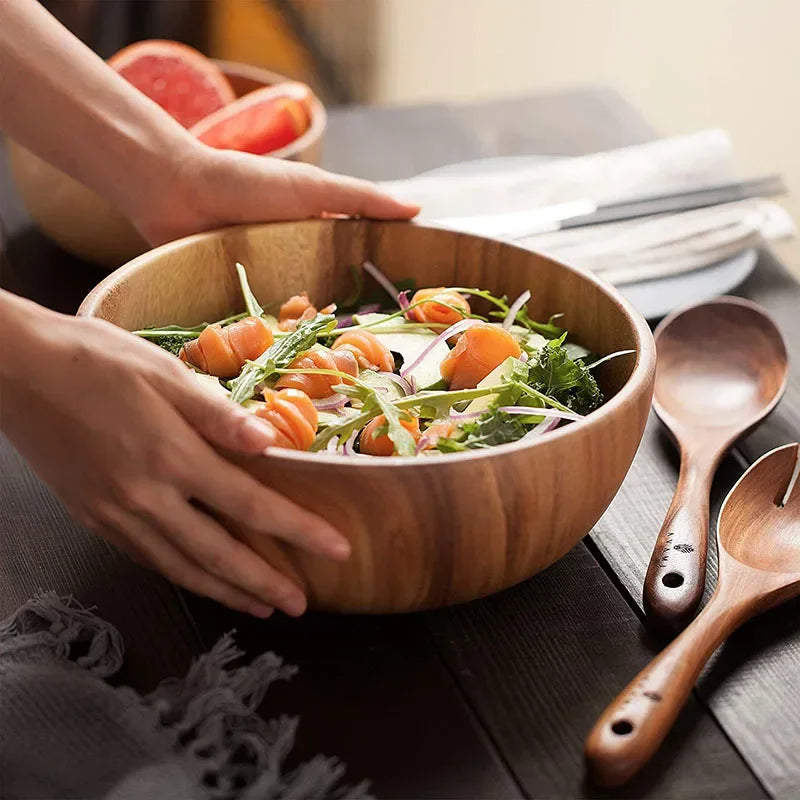 Solid Acacia Wood Bowl | Hand-Crafted Japanese-Style Wooden Salad & Serving Bowl