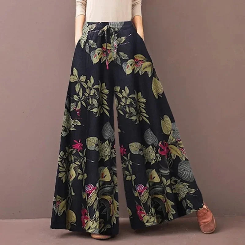 Boho Floral Wide Leg Pants Women Casual High Waist Drawstring Loose Palazzo Trousers Summer Beach Rayon Flowy Bottoms with Pocke