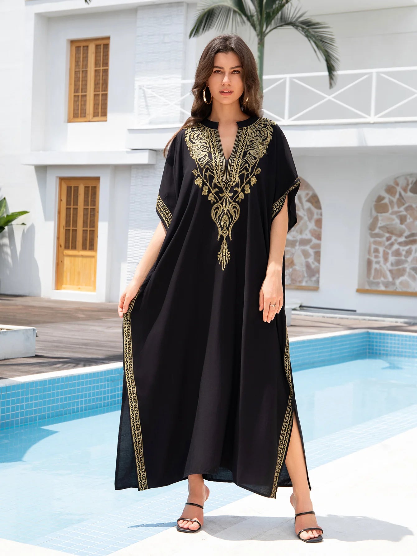 Boho Embroidered Batwing Sleeve Beach Cover-Up Dress – Loose A-Line V-Neck Summer Dress