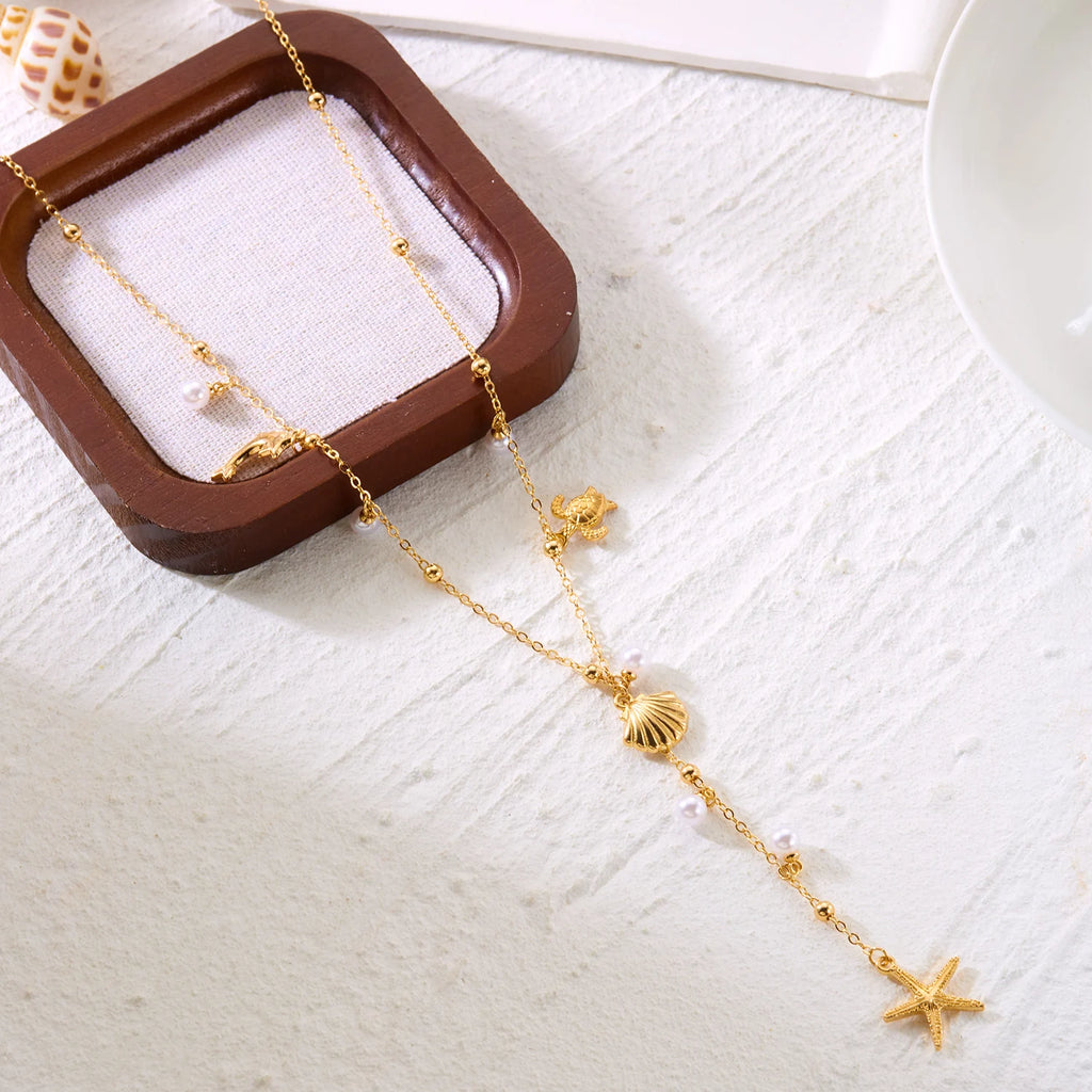 Boho Beach Y-Drop Chain Necklace – Sea Turtle, Dolphin, Starfish & Shell Pendants