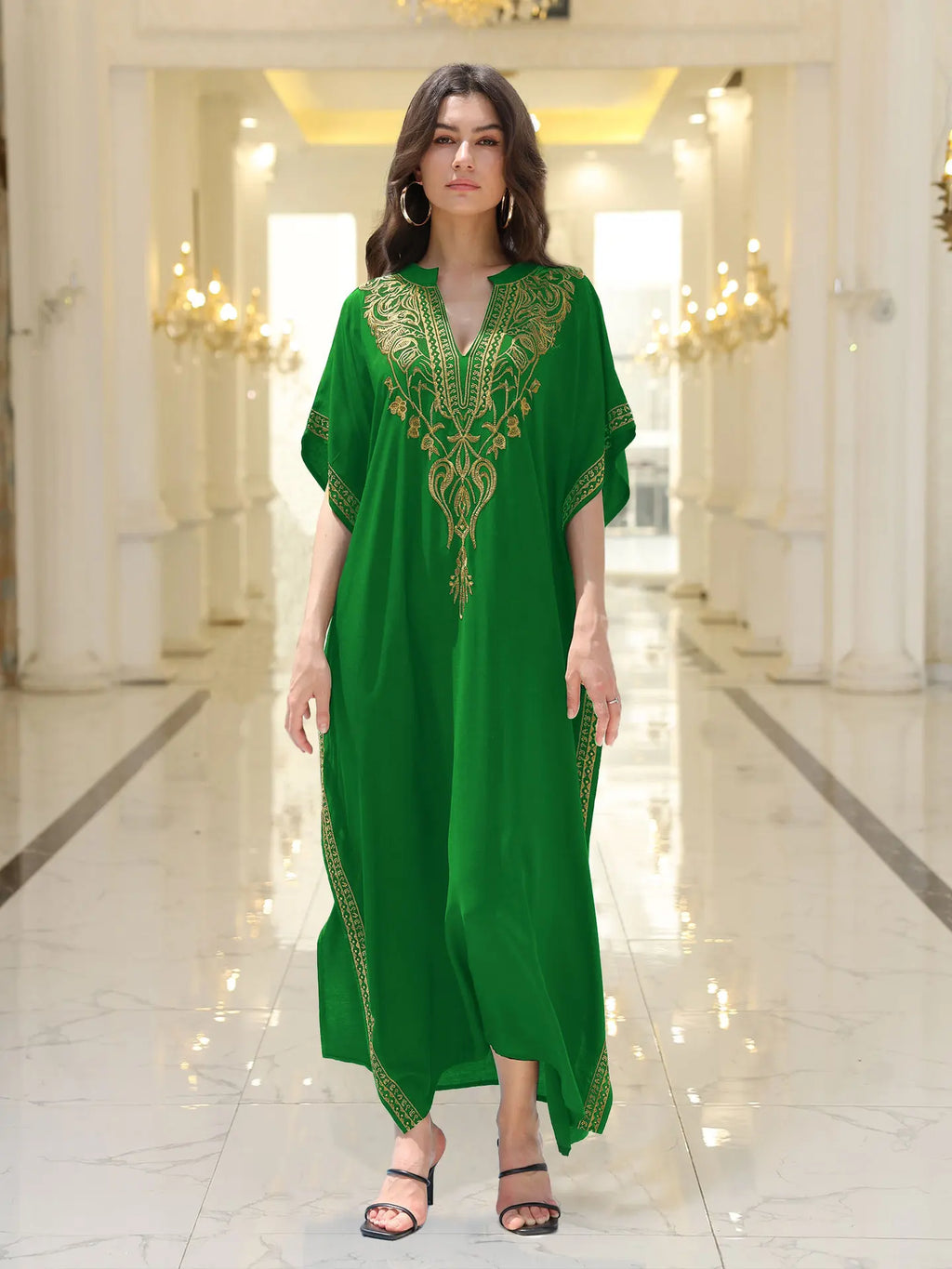 Boho Embroidered Batwing Sleeve Beach Cover-Up Dress – Loose A-Line V-Neck Summer Dress
