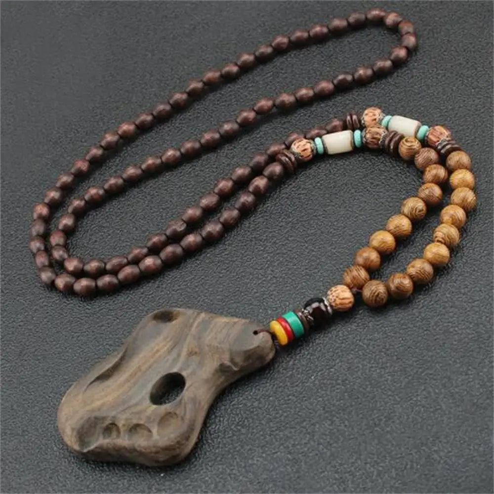 Boho Handmade Nepal Buddhist Mala Wood Bead Long Pendant Necklace – Unisex Ethnic Jewelry