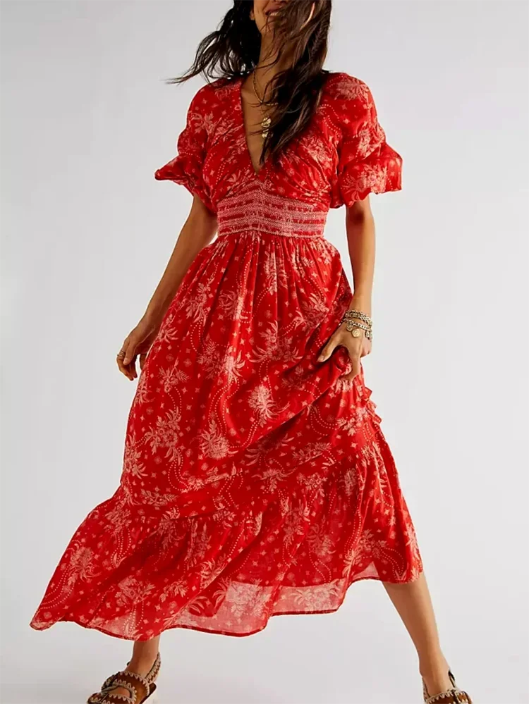 Floral Boho Midi Dress | V-Neck Puff Sleeve Hollow-Out
