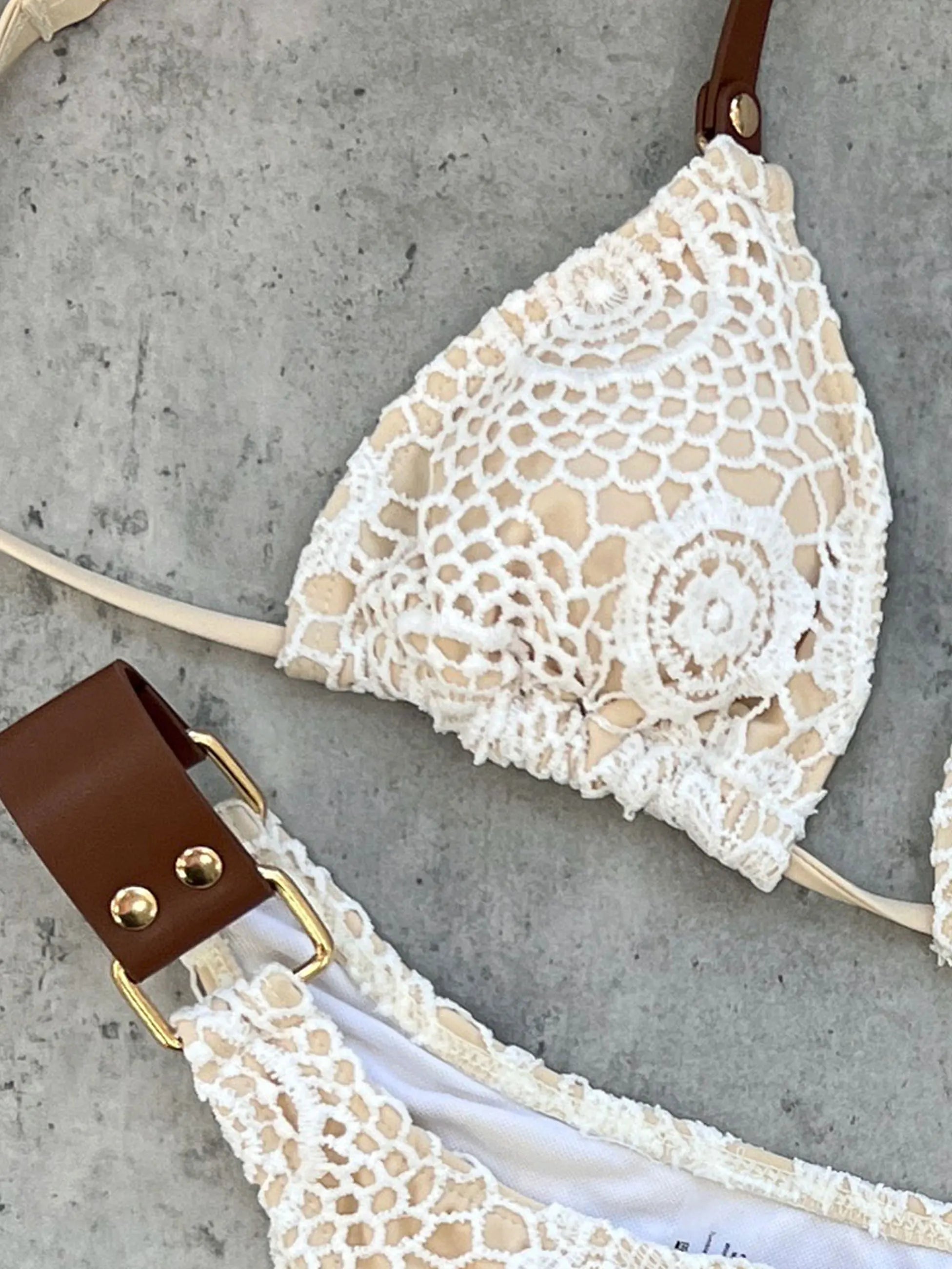 Boho Crochet Bikini Set | Cream Knit with Leather Straps & Metal Buckles