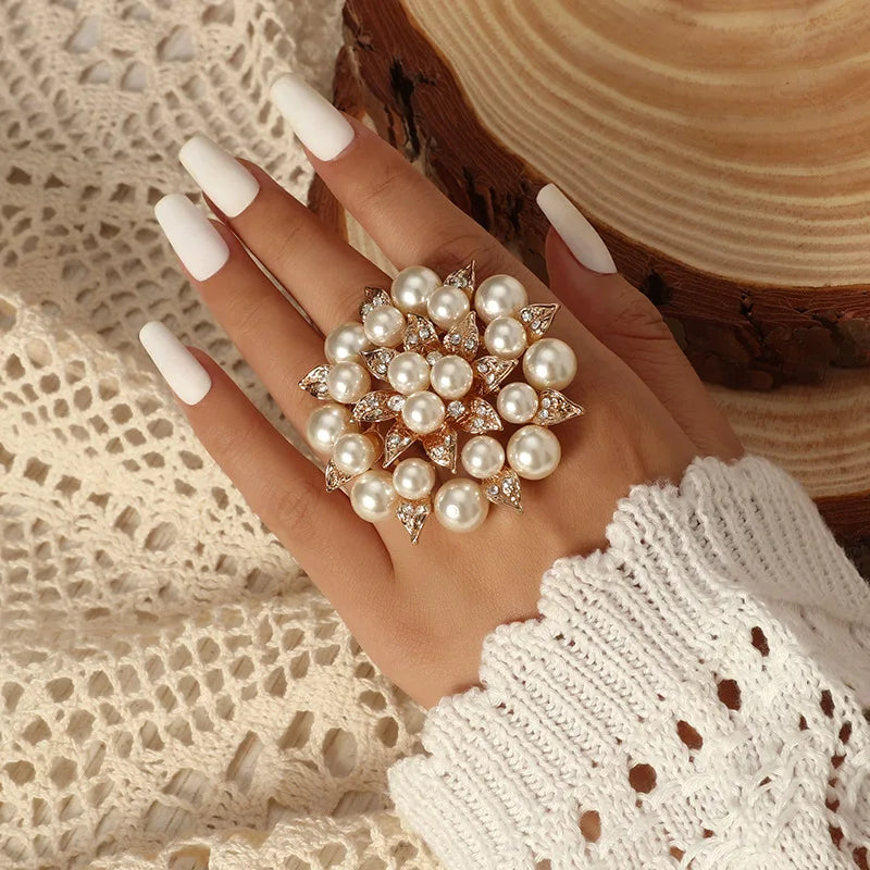 Boho Vintage Big Flower Ring – Micro Zircon Inlay Gold-Tone Statement Ring