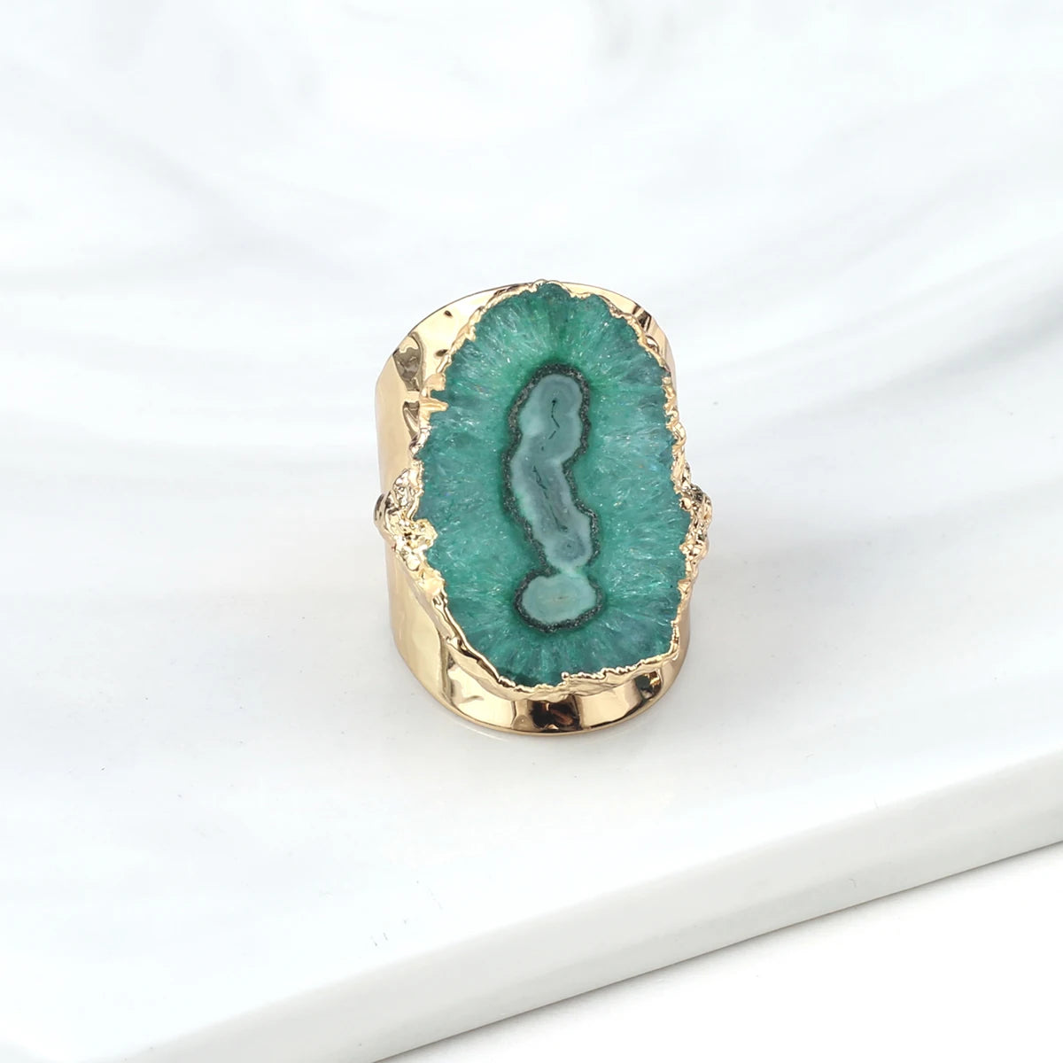 Boho Natural Agate Stone Sunflower Wide Open Ring – Gold Plated Adjustable in 6 Colors