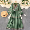 Embroidered Lantern Sleeve Boho Midi Dress | Lace-Up A-Line