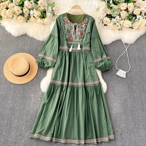 Embroidered Lantern Sleeve Boho Midi Dress | Lace-Up A-Line
