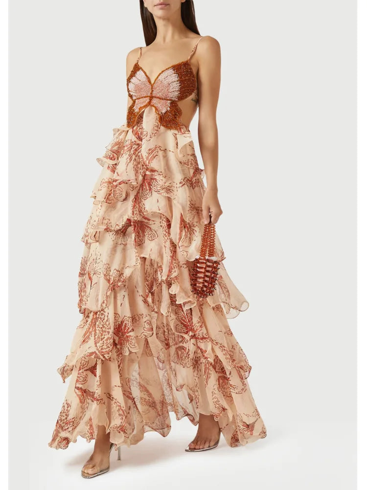 Floral Ruffle Maxi Dress | Strapless Layered Butterfly Boho
