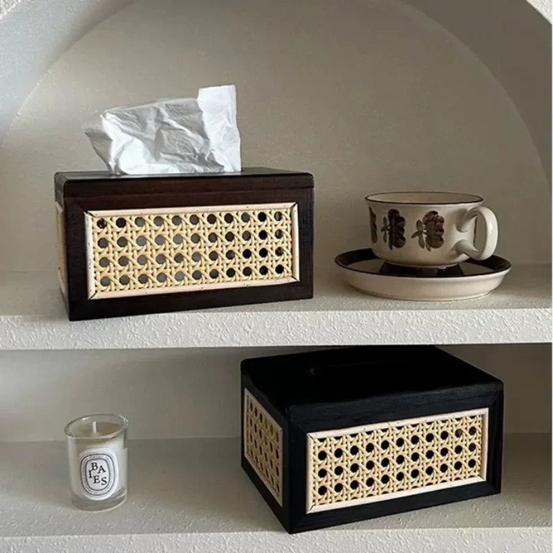 Rattan Tissue Box Living Room Bedroom Desktop Napkin Wet Wipes Container Case Wooden Bathroom Paper Holder Home Decor