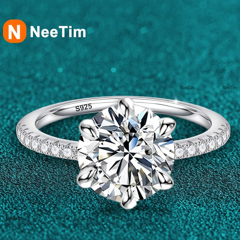 NeeTim 5CT Sparkling D Color Moissanite Lab Diamond Wedding Rings For Women S925 Sterling Silver Luxury Jewelry Engagement Ring