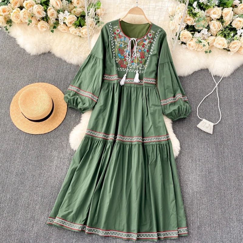 Embroidered Lantern Sleeve Boho Midi Dress | Lace-Up A-Line