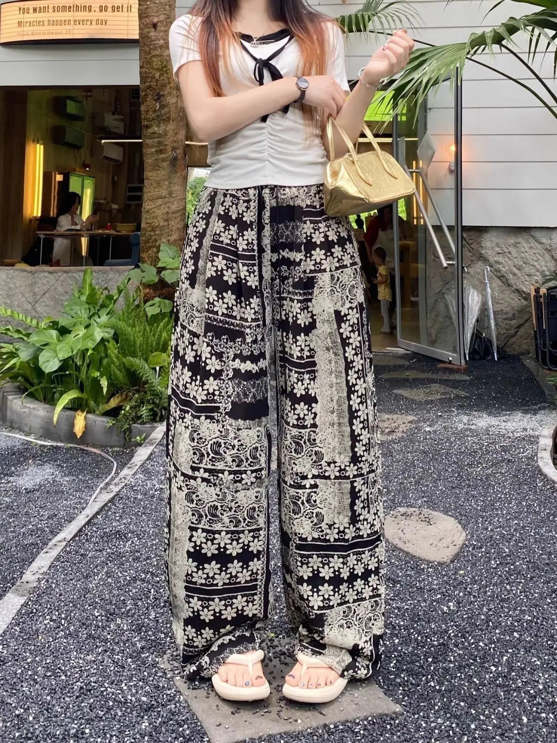 Retro Print Design Palazzo Pants Women's Summer Lightweight Loose Slimming Drapey Plus Size Casual Straight Leg Sports Pants