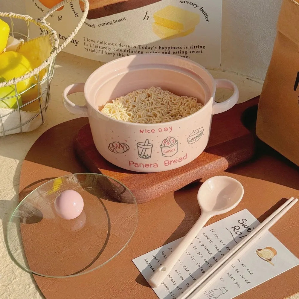 Kawaii Ceramic Ramen Bowl Set | Japanese-Style Bowl with Spoon & Chopsticks