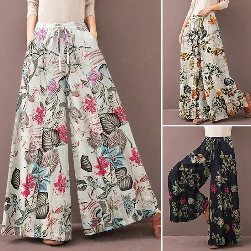 Boho Floral Wide Leg Pants Women Casual High Waist Drawstring Loose Palazzo Trousers Summer Beach Rayon Flowy Bottoms with Pocke