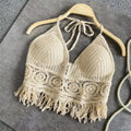 Boho Crochet Halter Bralette Top | Knit Crop Top with Tassel Fringe