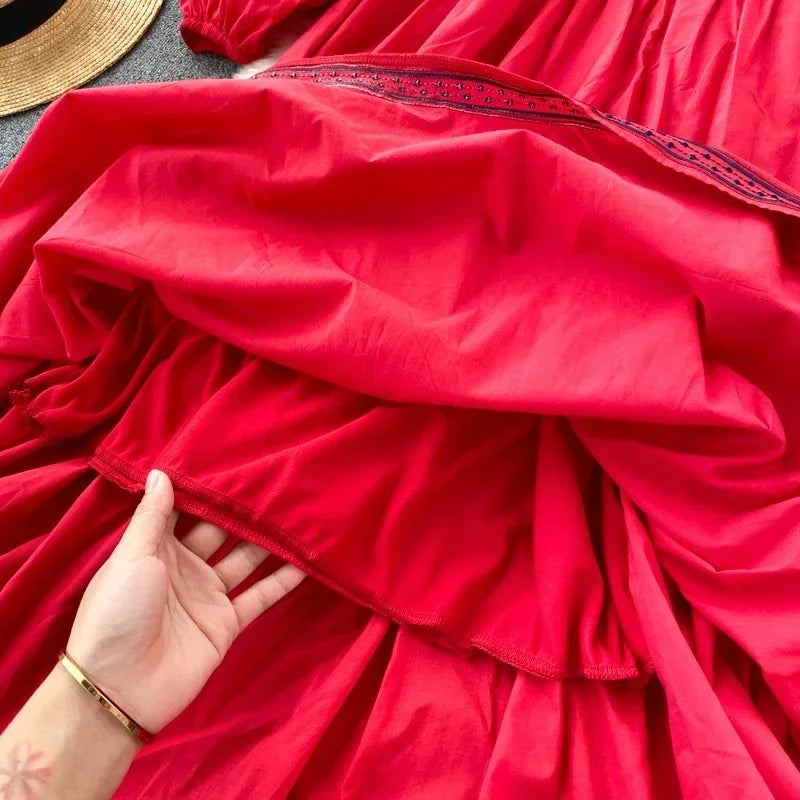 Embroidered Lantern Sleeve Boho Midi Dress | Lace-Up A-Line