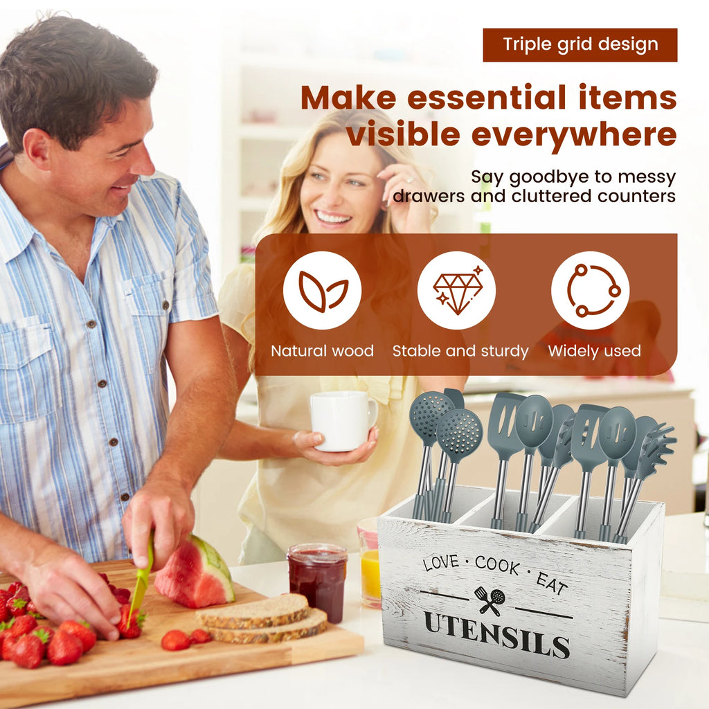Wood Kitchen Utensil Holder | 3-Compartment Farmhouse Caddy Organizer