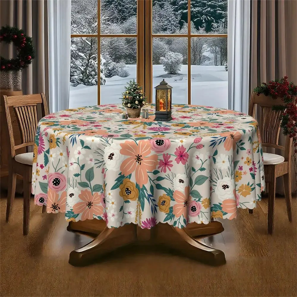Boho Floral Round Tablecloth | Colorful Flower & Leaf Print