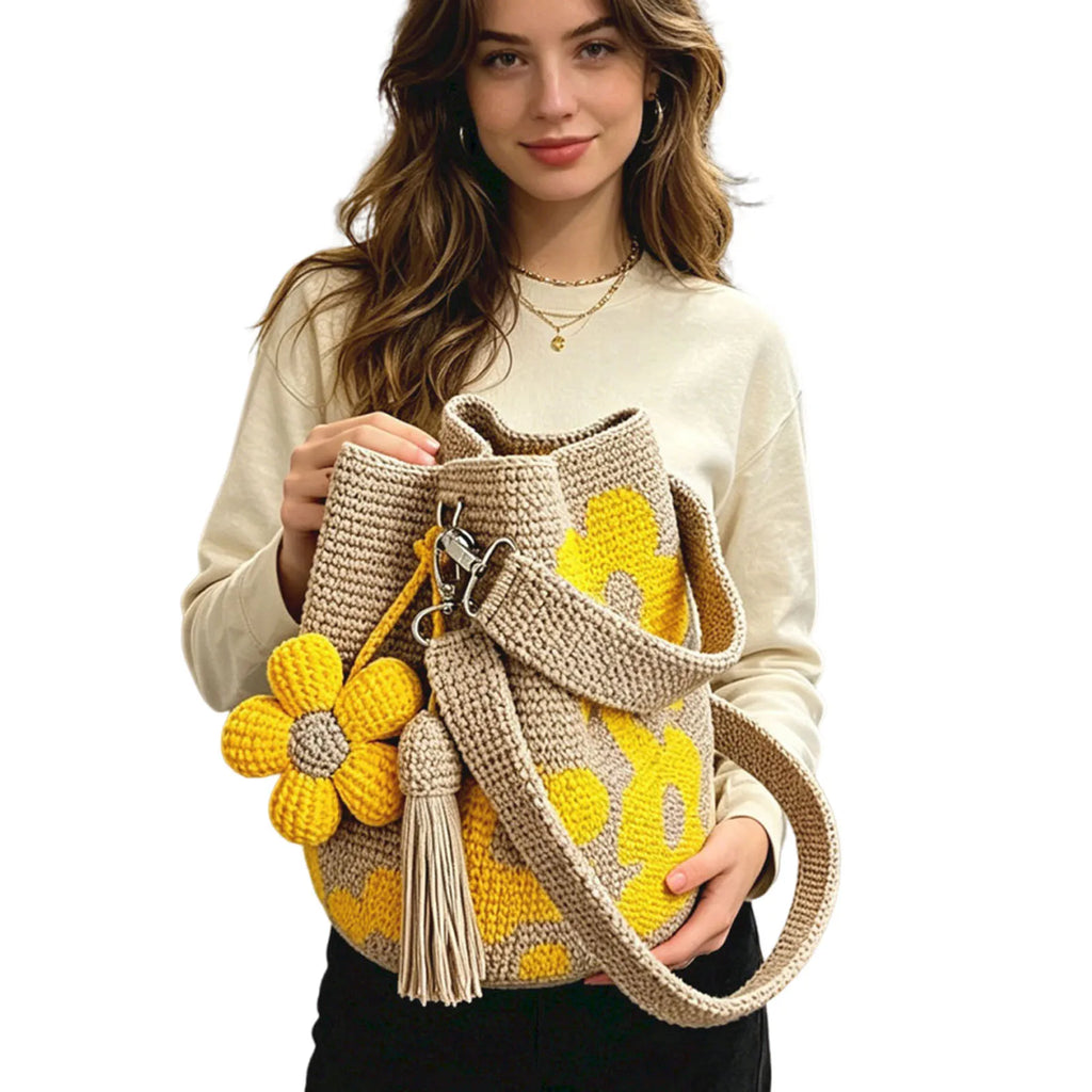 Boho Embroidery Bucket Bag | Drawstring Purse with Flower Tassel