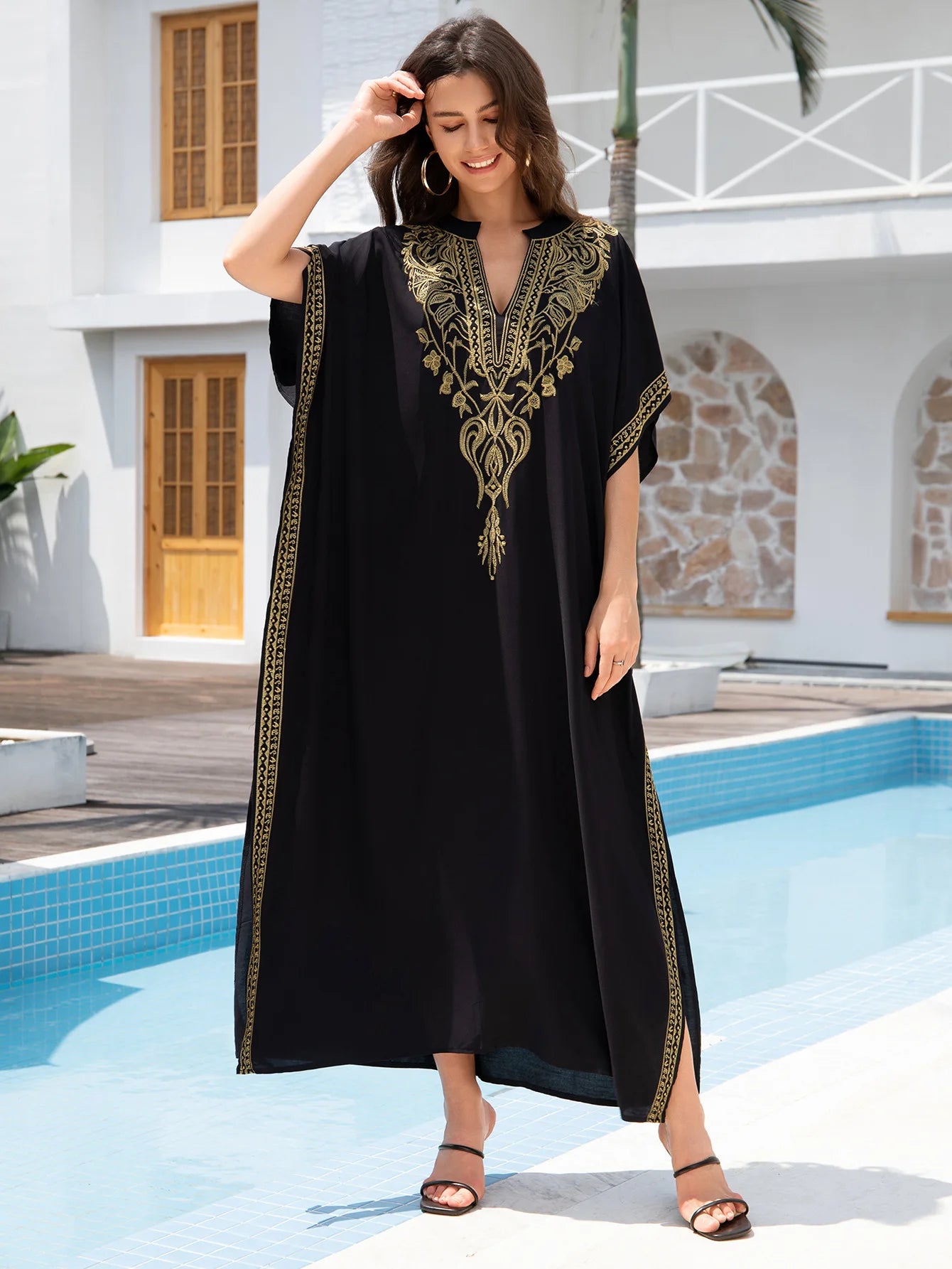 Boho Embroidered Batwing Sleeve Beach Cover-Up Dress – Loose A-Line V-Neck Summer Dress