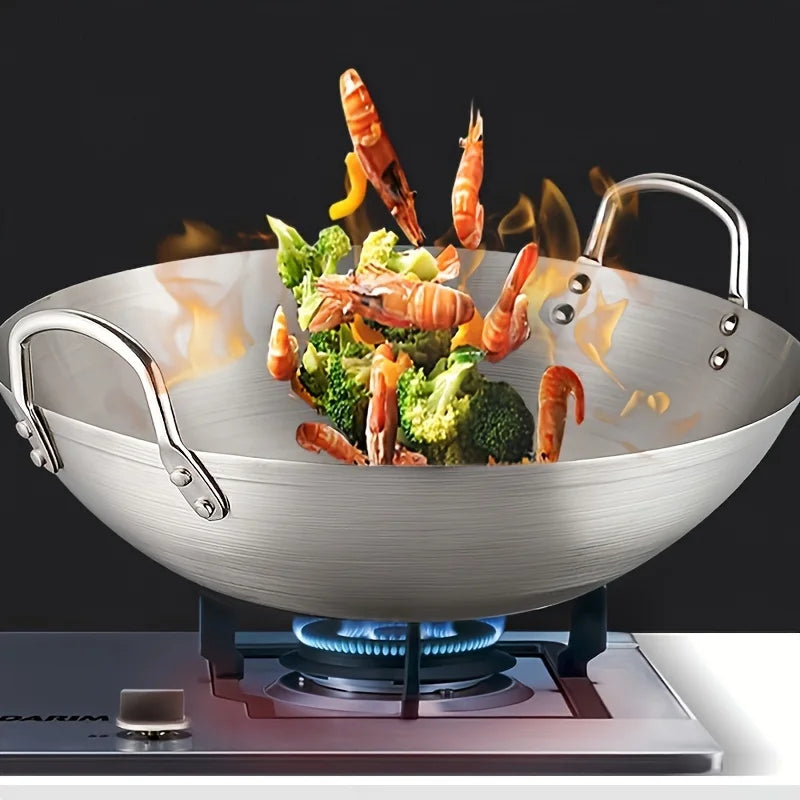 Stainless Steel Dual Handle Wok | Uncoated Thick Chef's Pan with Lid
