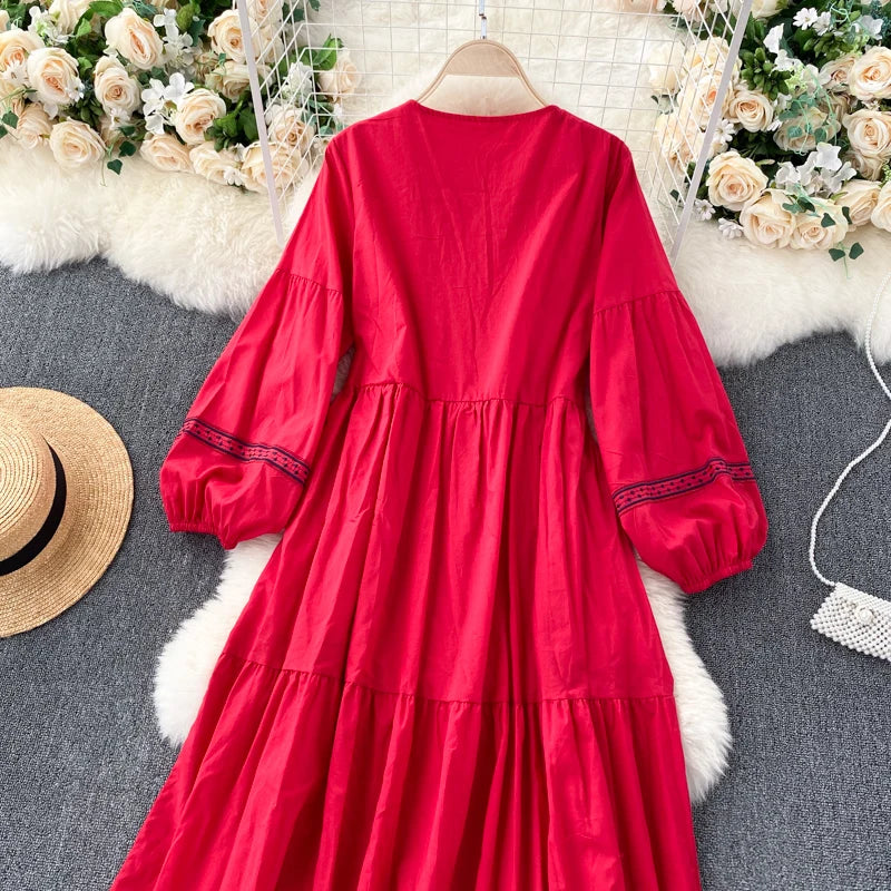 Embroidered Lantern Sleeve Boho Midi Dress | Lace-Up A-Line