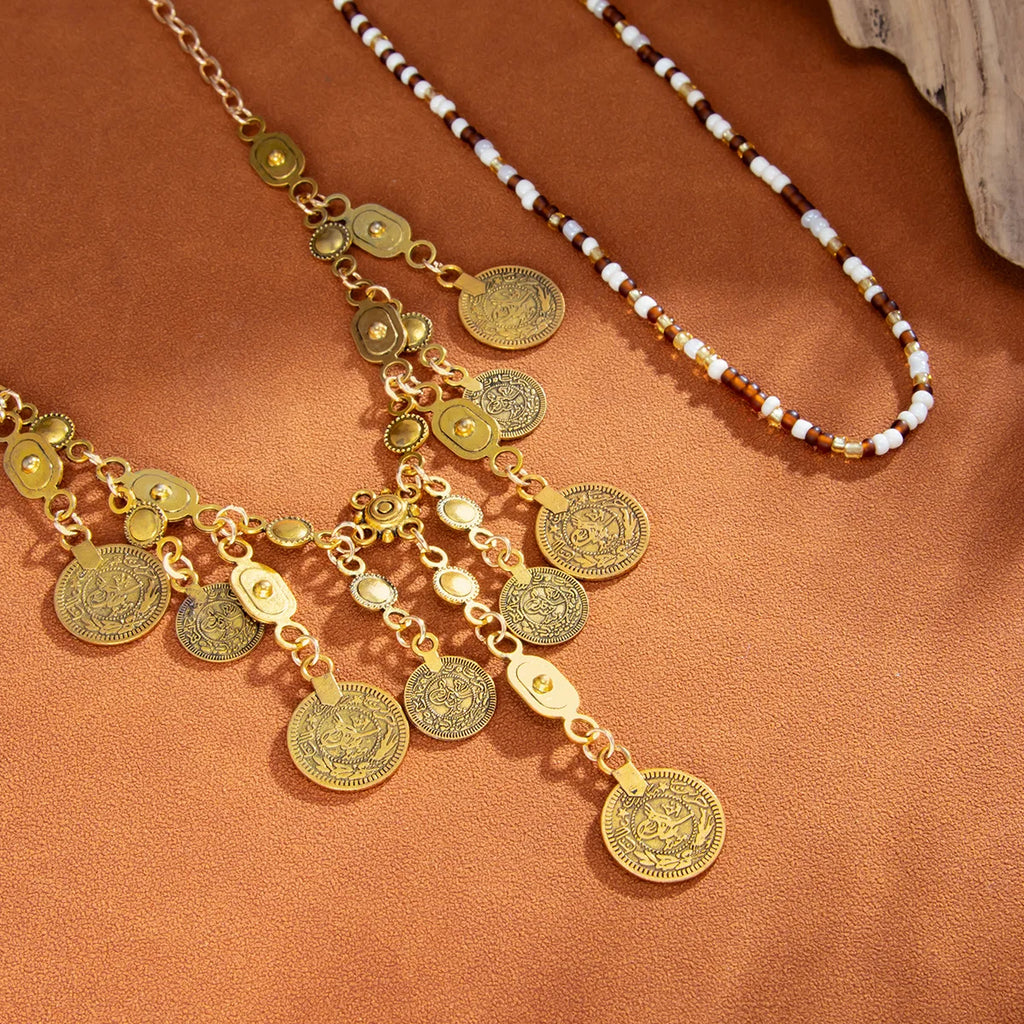 Boho Coin Pendant Necklace | Gold Rice Bead Chain with Antique Coin Dangles