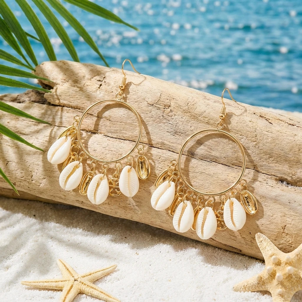 Boho Festival Statement Chandelier Earrings – Shell Tassel Dangle Drop Earrings