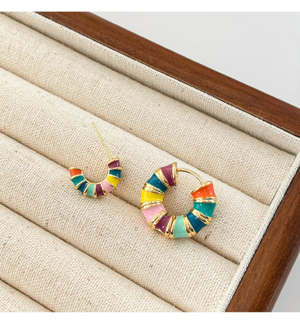 Boho Colorful Enamel Rainbow Hoop Earrings – Gold-Tone Charm Earrings for Women