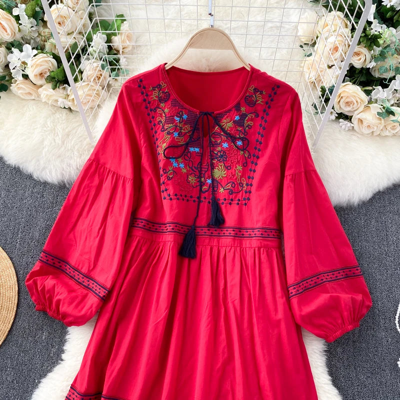 Embroidered Lantern Sleeve Boho Midi Dress | Lace-Up A-Line