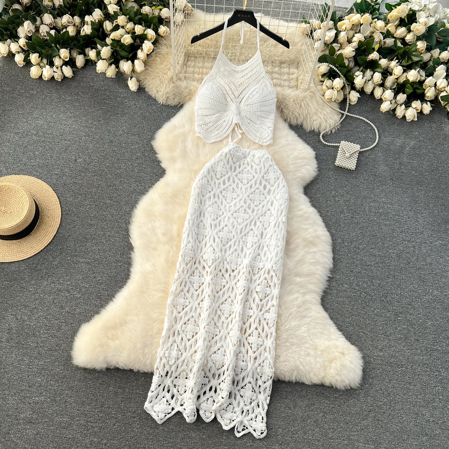 Boho Lace-Up Cami & Maxi Knit Skirt Set | 2-Piece Beach Co-ord