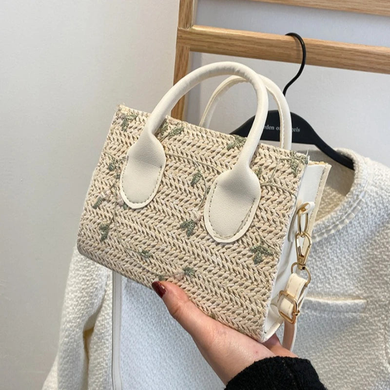 Boho Floral Embroidery Woven Handbag | Convertible Top Handle & Crossbody Bag