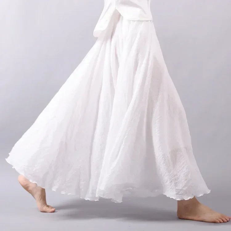 Boho Cotton Linen Maxi Skirt | Elastic Waist Pleated Floor-Length Skirt