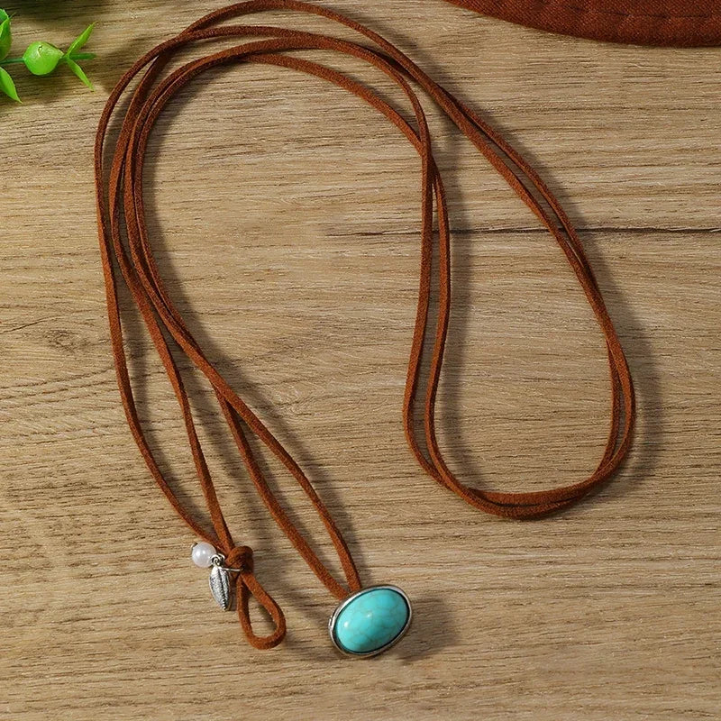 Boho Beaded Leather Cord Round Pendant Necklace – Ethnic Vintage Choker