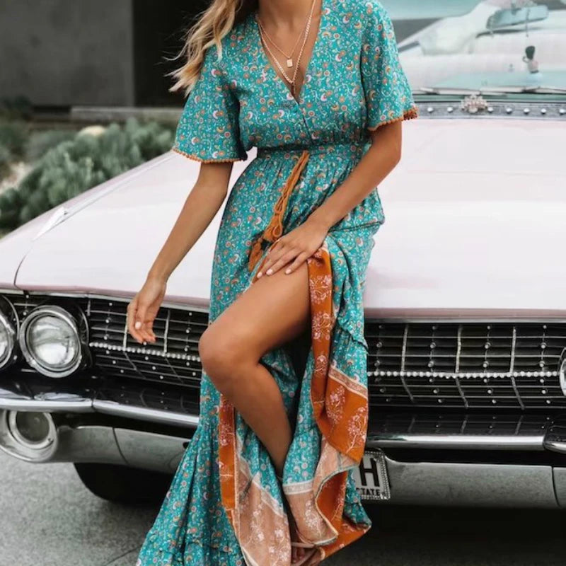 Boho Tassel Maxi Dress | Floral Print V-Neck Batwing Sleeve