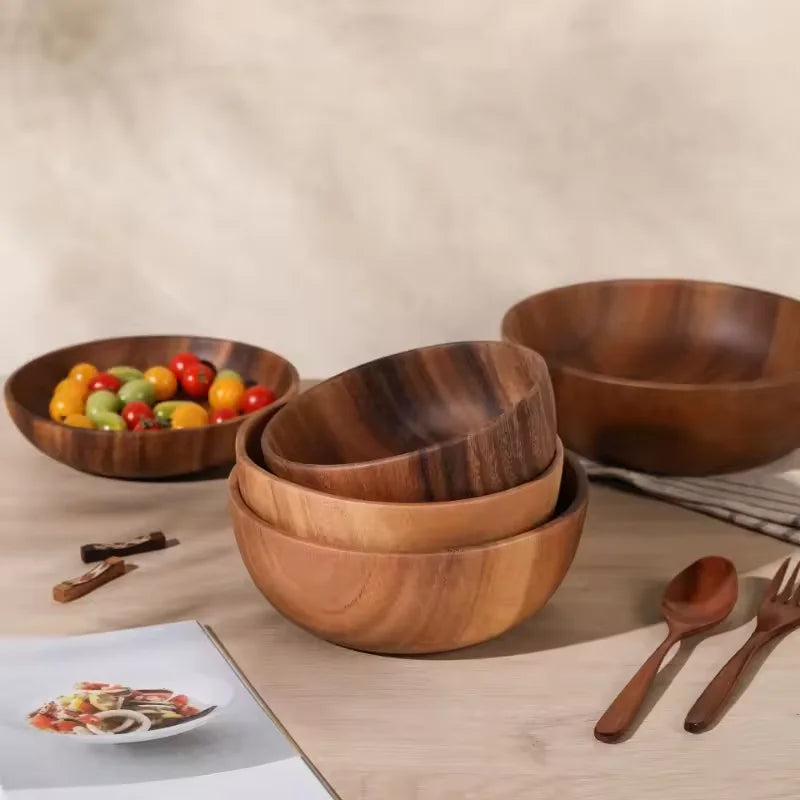 Solid Acacia Wood Bowl | Hand-Crafted Japanese-Style Wooden Salad & Serving Bowl