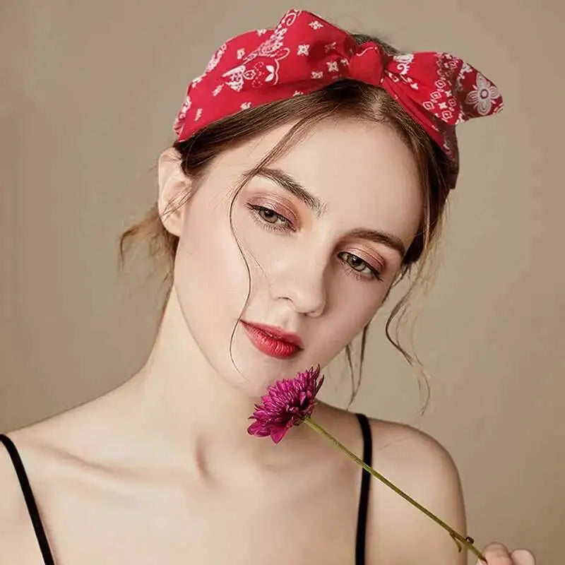 Boho Bow Print Wide Headband – Vintage Silk Cross-Knot Hair Hoop