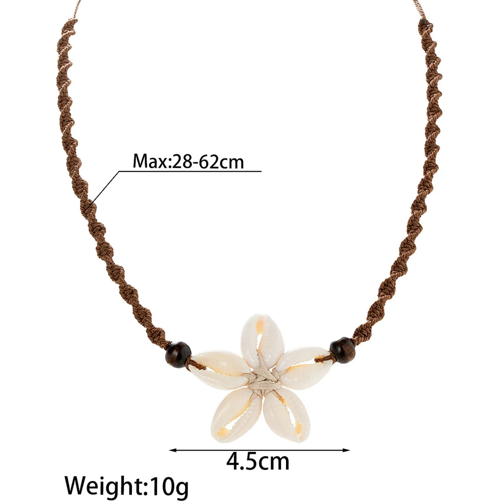 Boho Woven Shell Flower Pendant Necklace – Adjustable Beach Rope Chain
