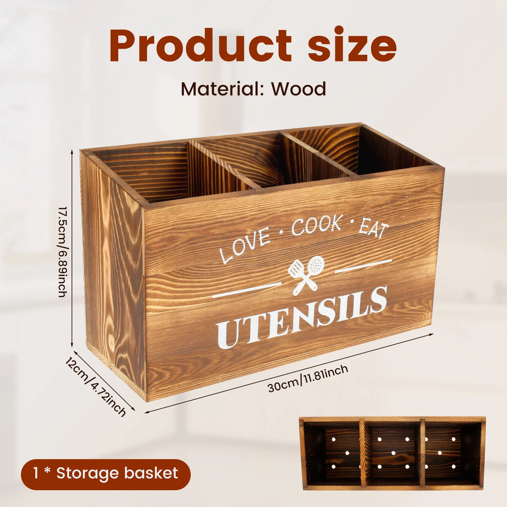 Wood Kitchen Utensil Holder | 3-Compartment Farmhouse Caddy Organizer