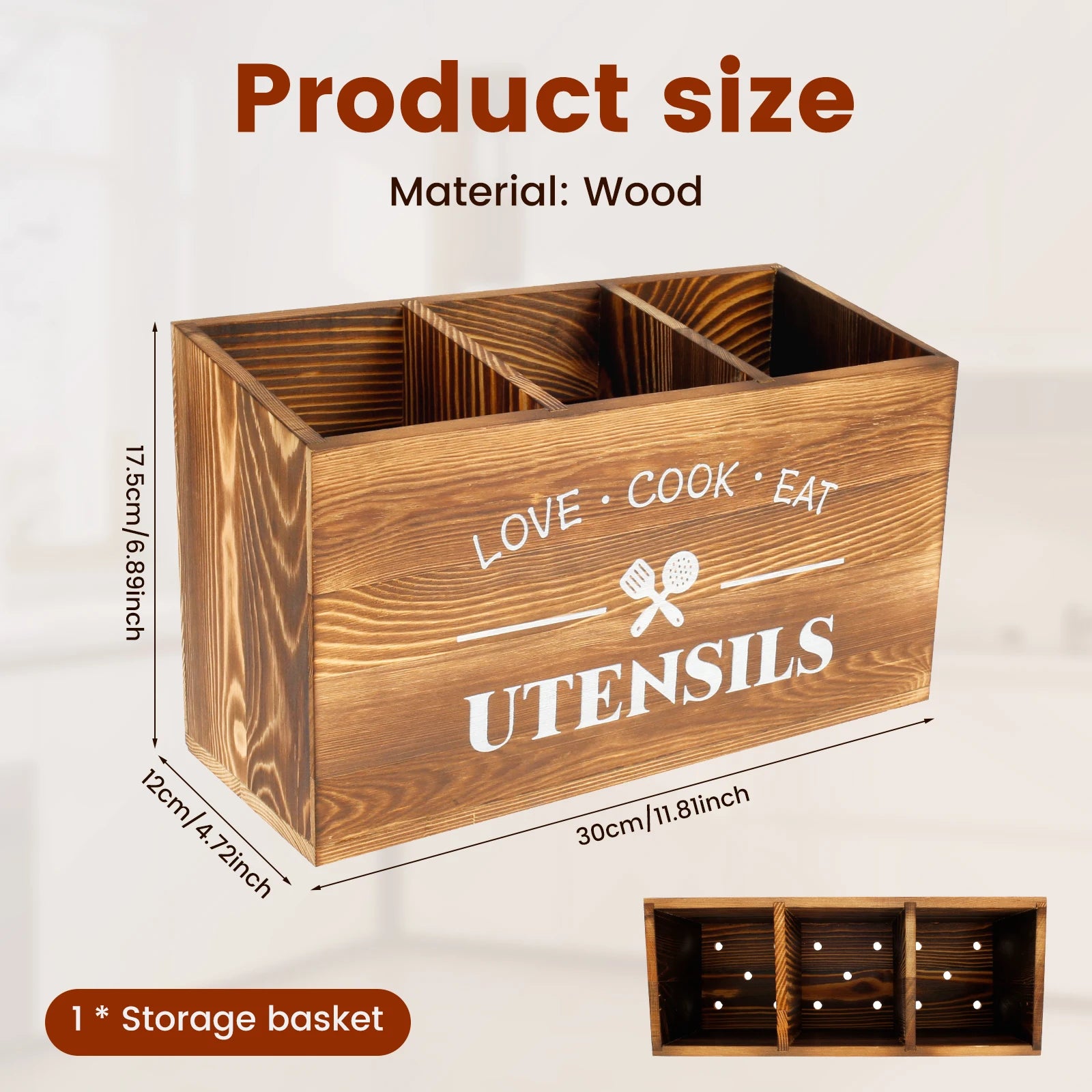 Wood Kitchen Utensil Holder | 3-Compartment Farmhouse Caddy Organizer