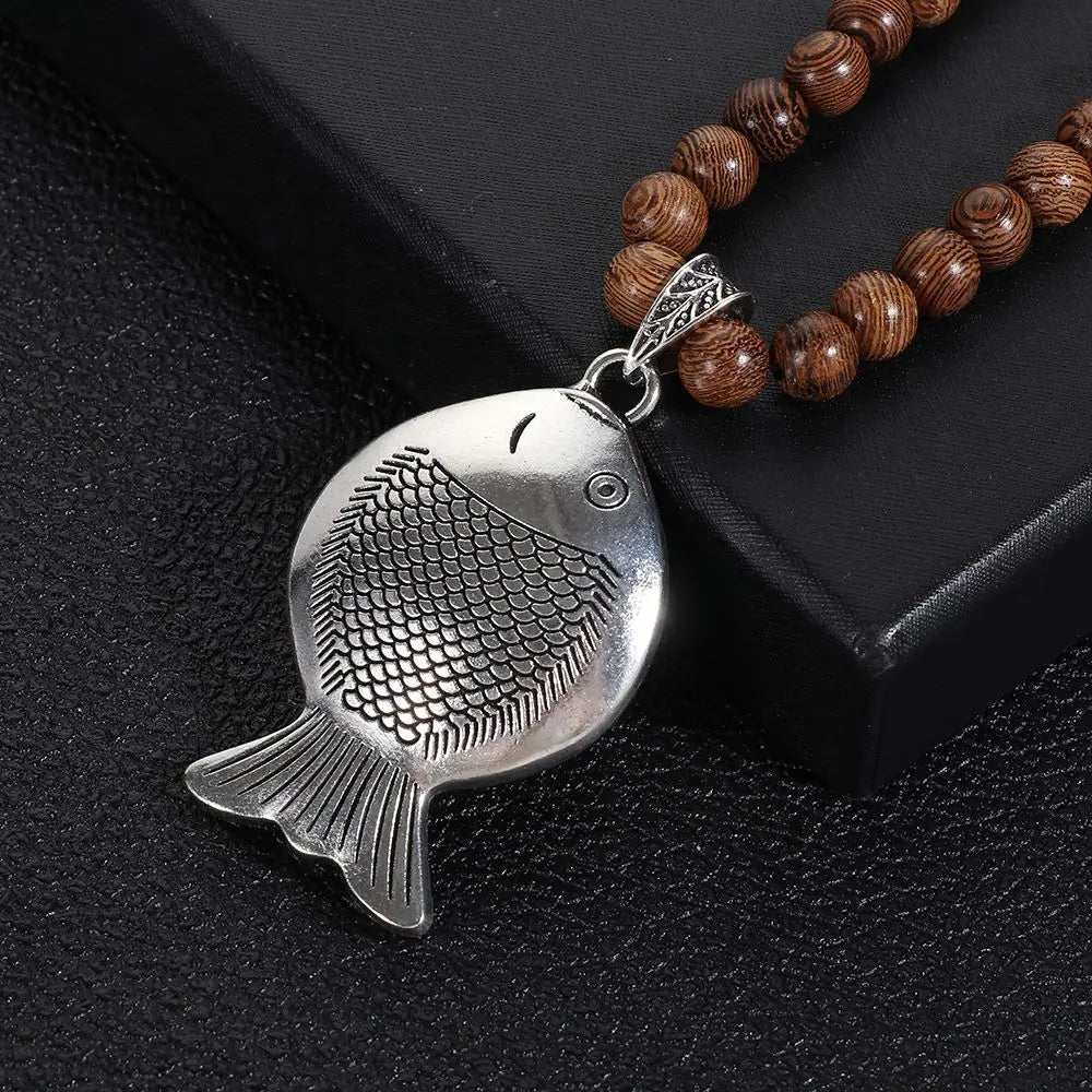 Boho Handmade Nepal Buddhist Mala Wood Bead Long Pendant Necklace – Unisex Ethnic Jewelry