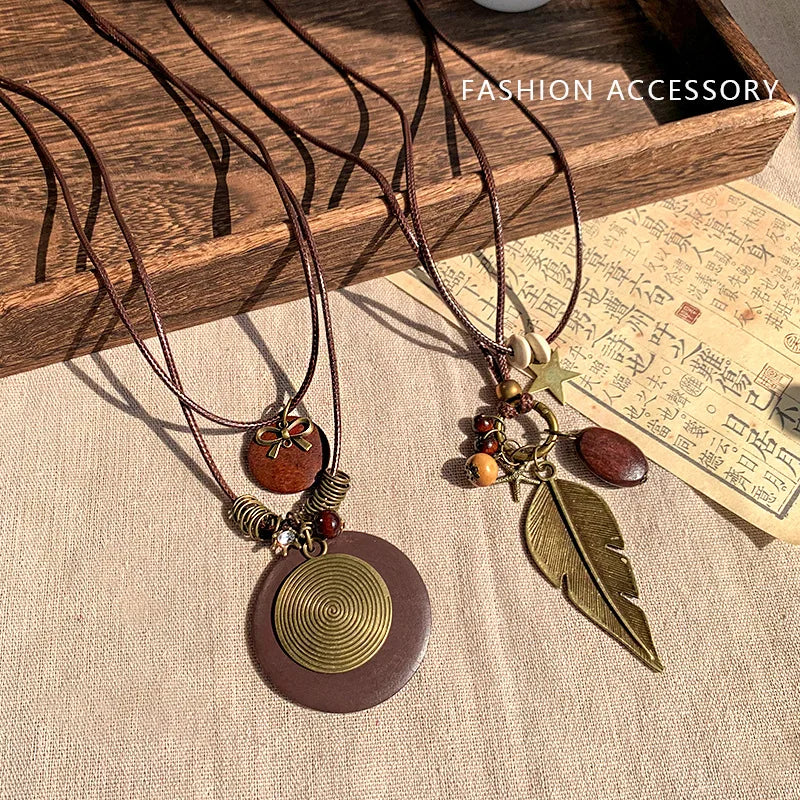 Vintage Boho Handmade Leaf Pendant Layered Long Necklace – Antique Collar Chain
