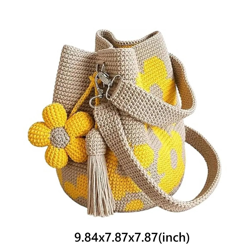 Boho Embroidery Bucket Bag | Drawstring Purse with Flower Tassel