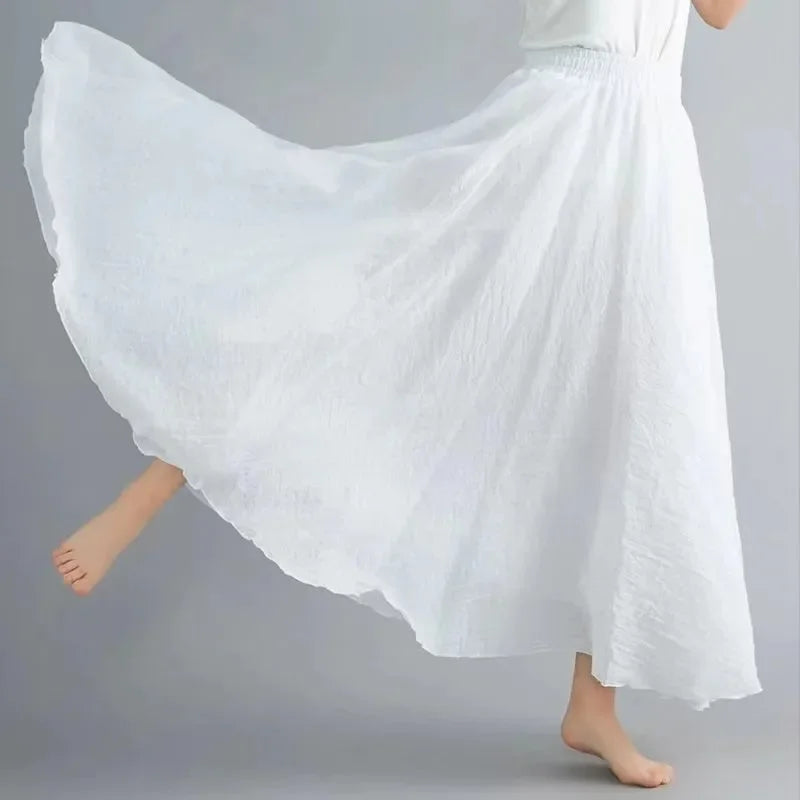 Boho Cotton Linen Maxi Skirt | Elastic Waist Pleated Floor-Length Skirt